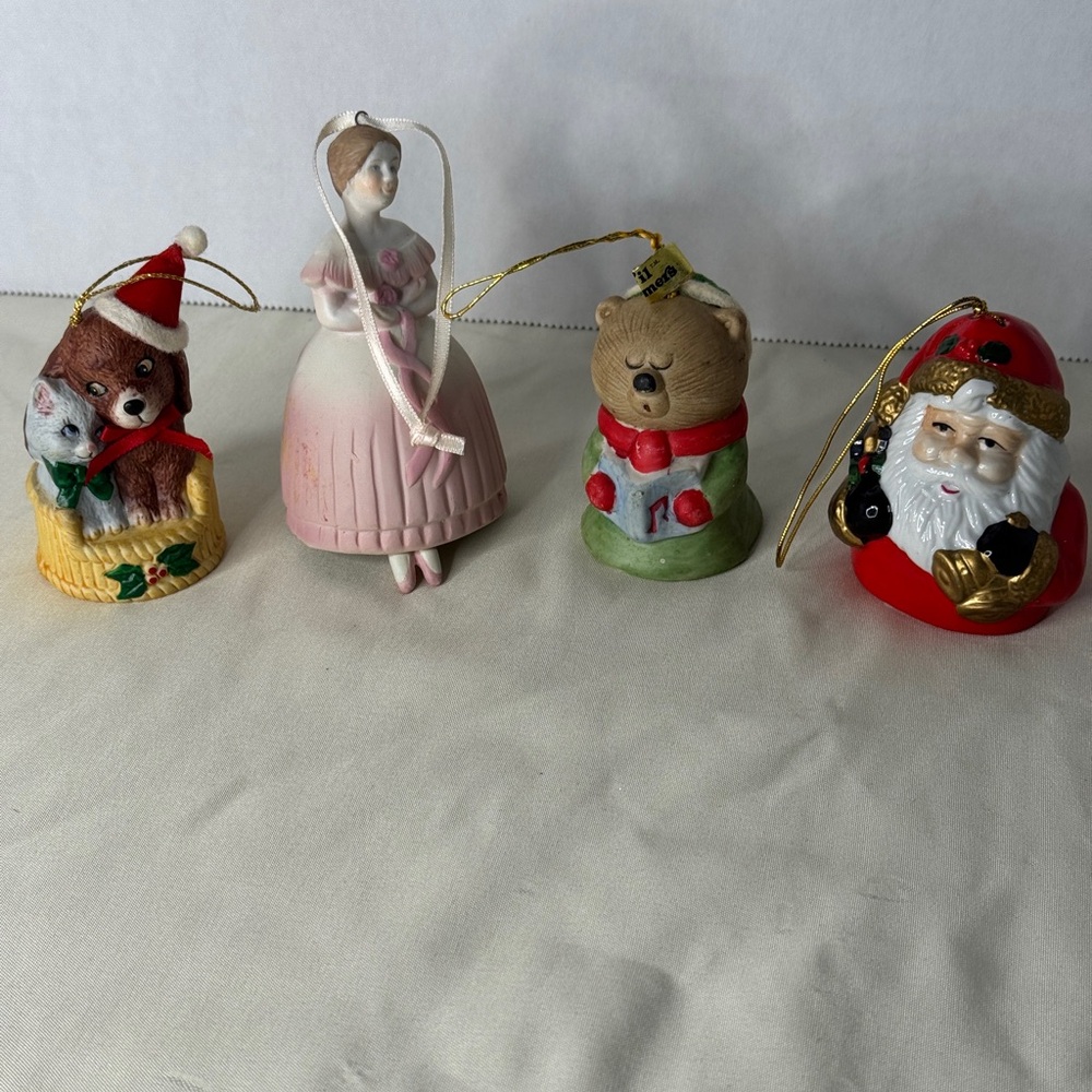 Lot 4 VTG Porcelain Bell Ornaments‎ Jasco Santa Bear Girl Dog Cat Christmas